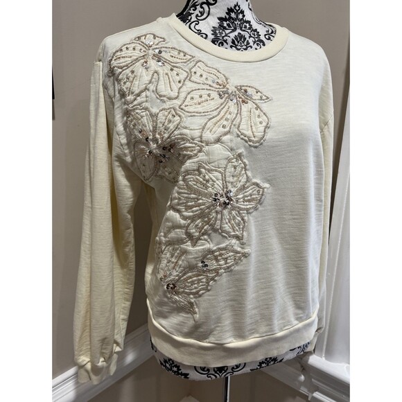 Anthropologie Floral Embroidery/Beaded Sweatshirt Womens S Beige Shimmer Holiday - Picture 7 of 14